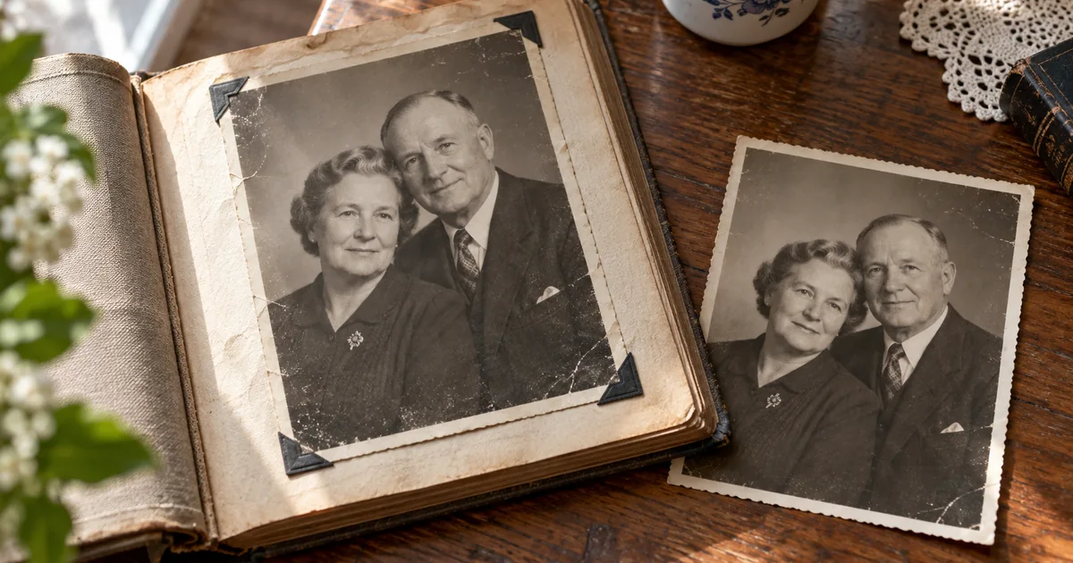 An open family album with an aged black-and-white portrait of an elderly couple and a matching loose print