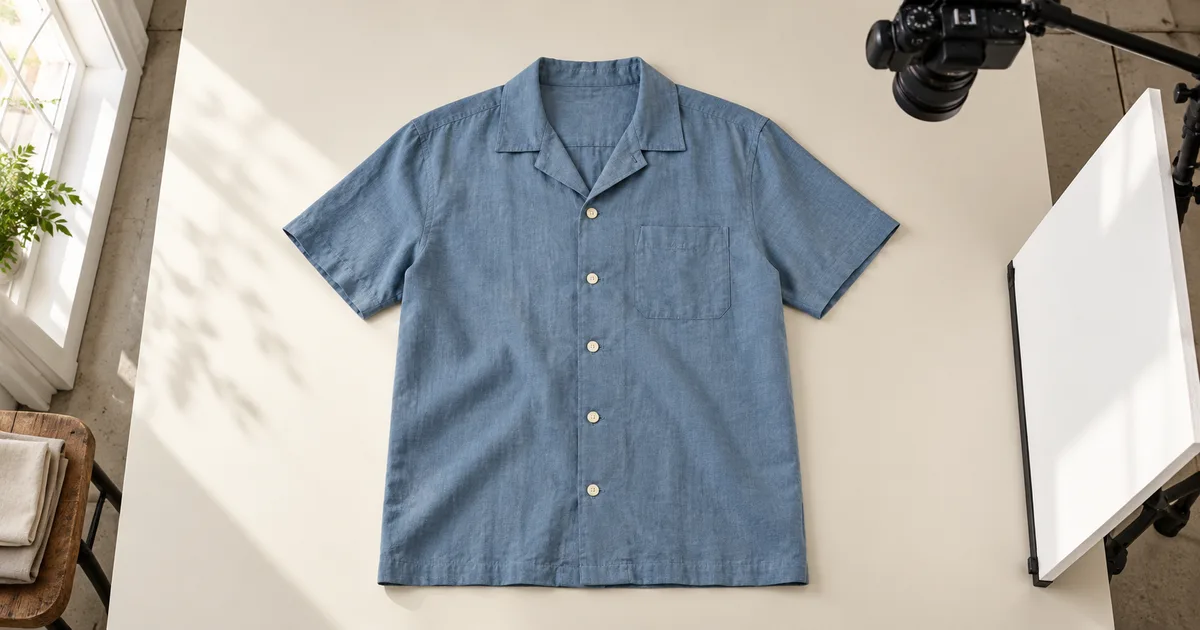 A blue camp shirt laid flat beside an overhead camera and white bounce board
