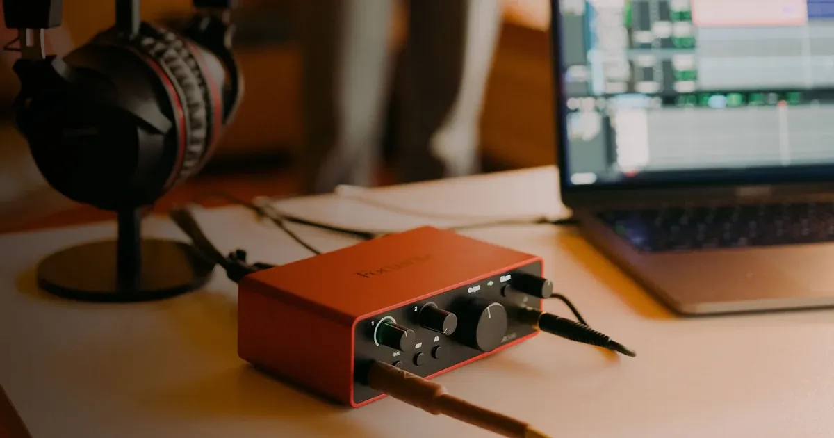 Focusrite Scarlett Solo in a working music recording setup in manufacturer photography