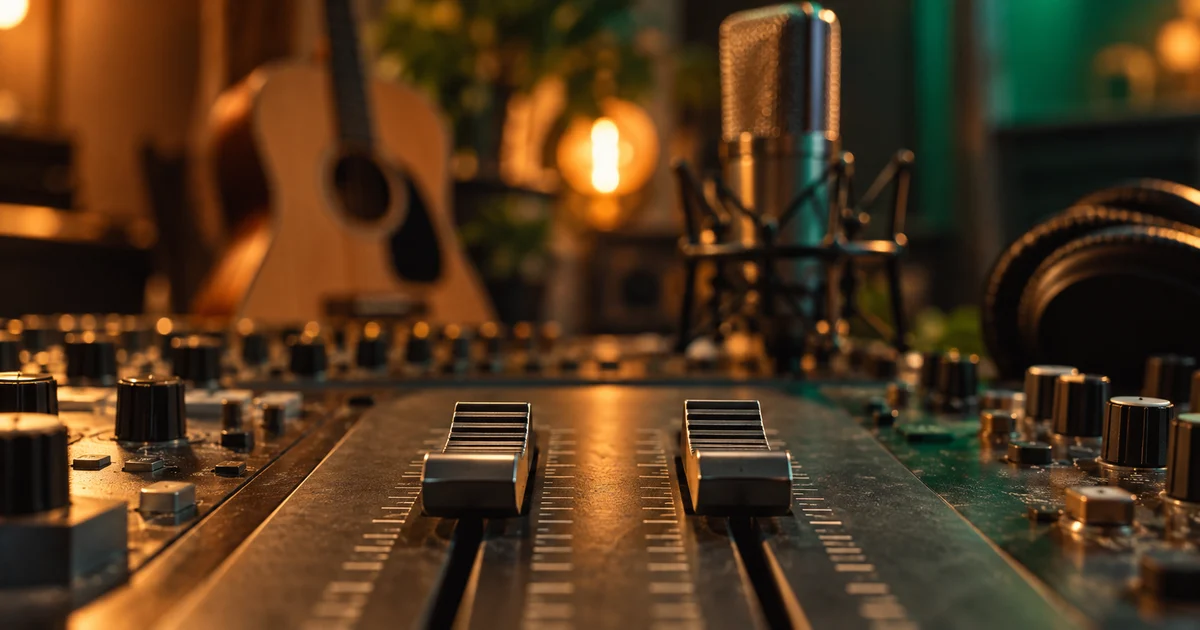Two faders on a studio mixing desk with a microphone and acoustic instrument in the background