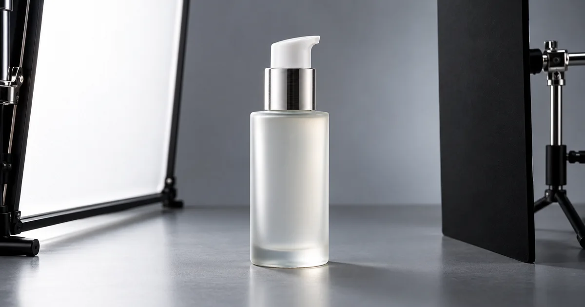 A frosted pump bottle between a broad diffusion panel and a black reflection-control card