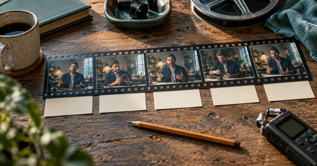A filmstrip of a presenter at a workbench with blank caption cards aligned beneath the frames
