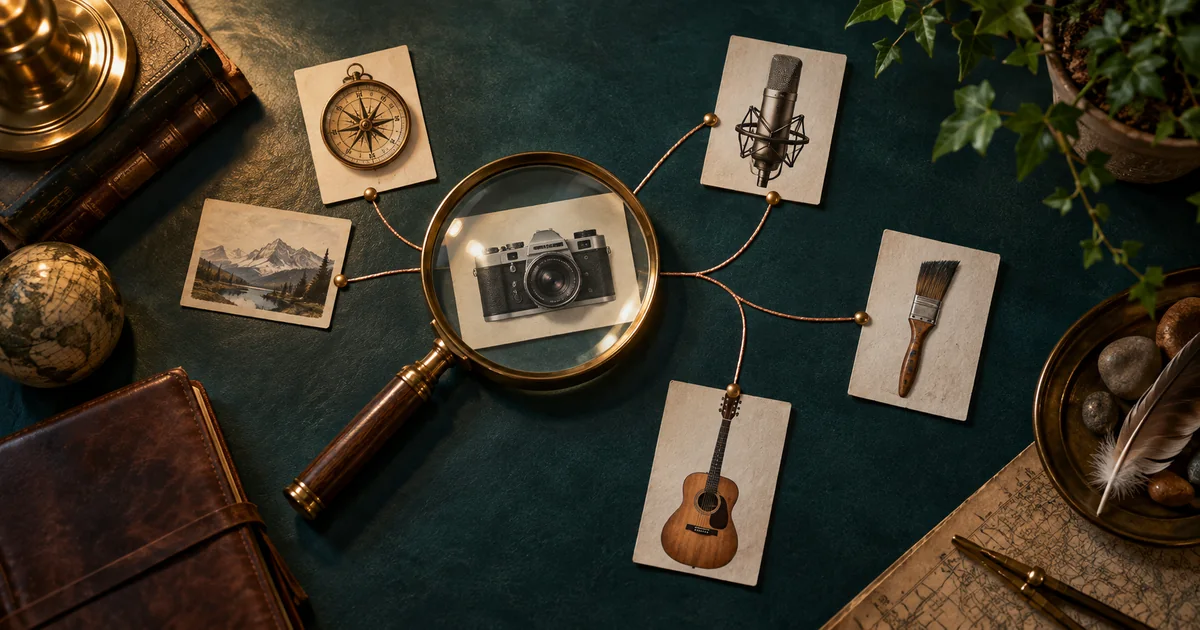 A brass magnifying glass over illustrated creative-tool cards connected with copper thread on a teal desk