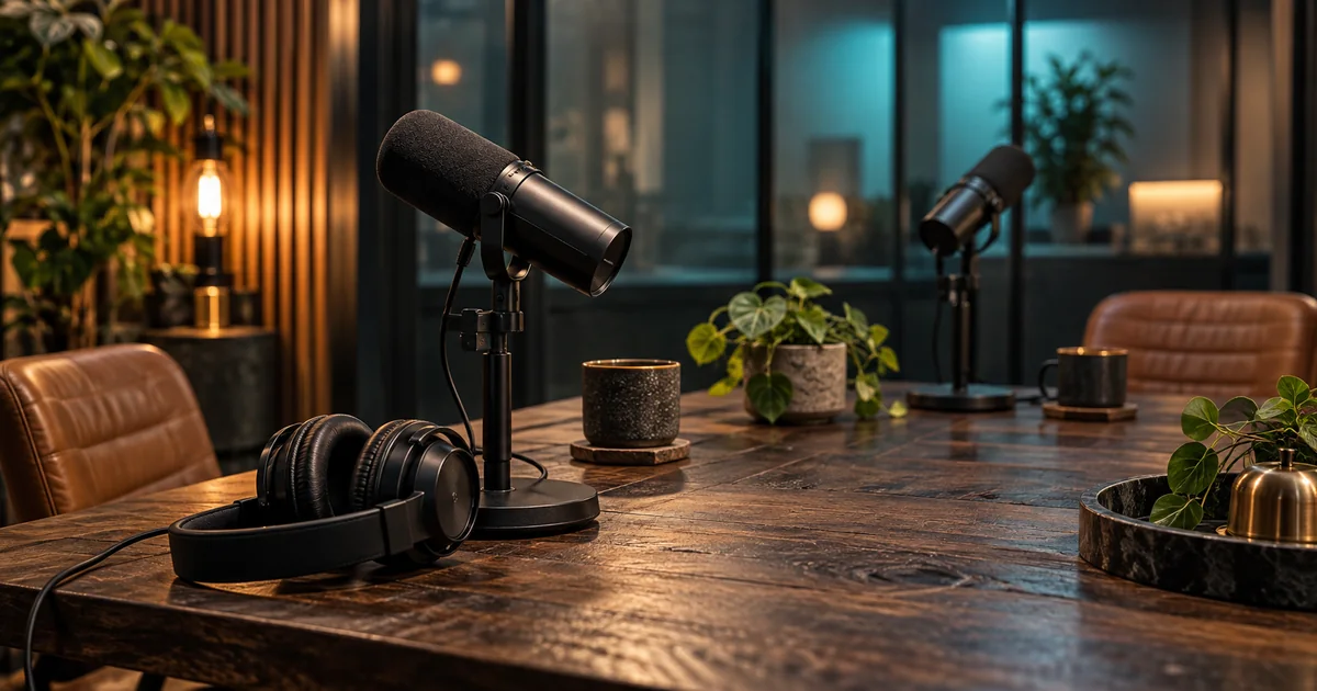 Two podcast microphones across a wooden studio table with headphones and acoustic treatment