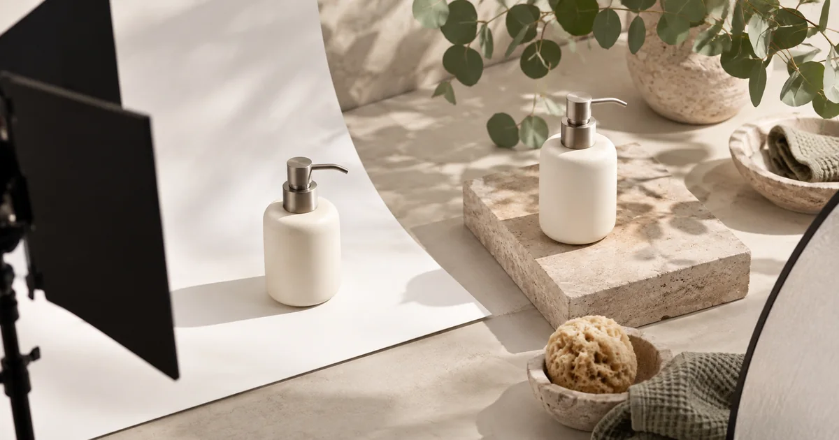Matching cream soap dispensers photographed on a white sweep and a stone plinth with a visible reflector