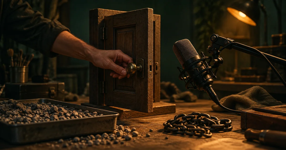A Foley recording table with a small wooden door, metal chain, gravel tray, and microphone