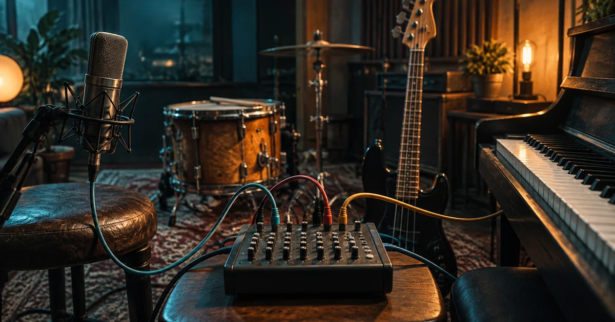 A microphone, drum, bass guitar, and piano connected by colored cables to a small recording mixer