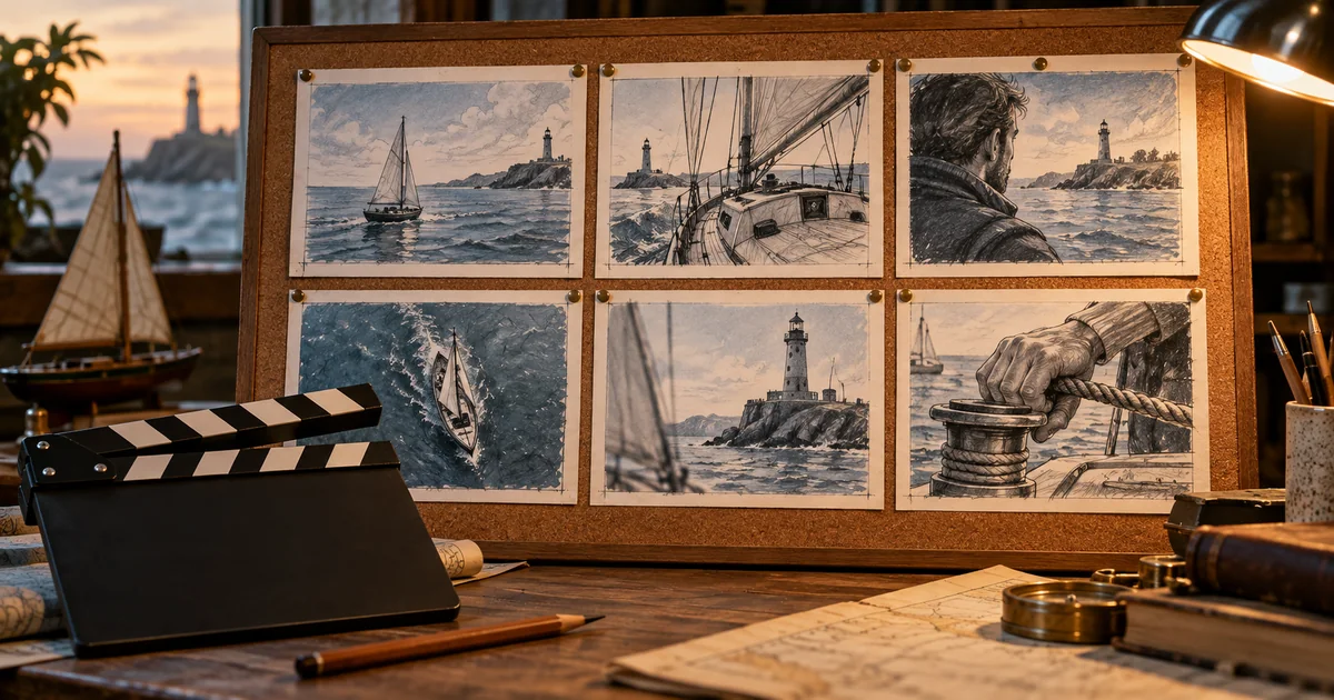 Six illustrated sailboat and lighthouse shots pinned to a cork storyboard beside a pencil and blank clapperboard