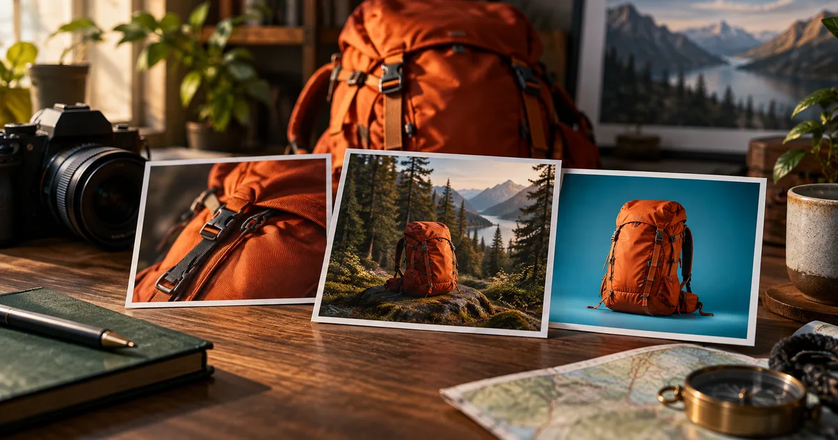 Three photographic concepts for the same orange hiking backpack, shown as prints beside the real backpack
