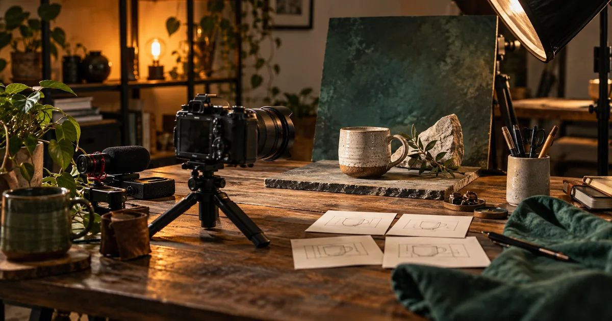 A camera, microphone, sketch cards, and ceramic mug arranged on a small creator studio workbench