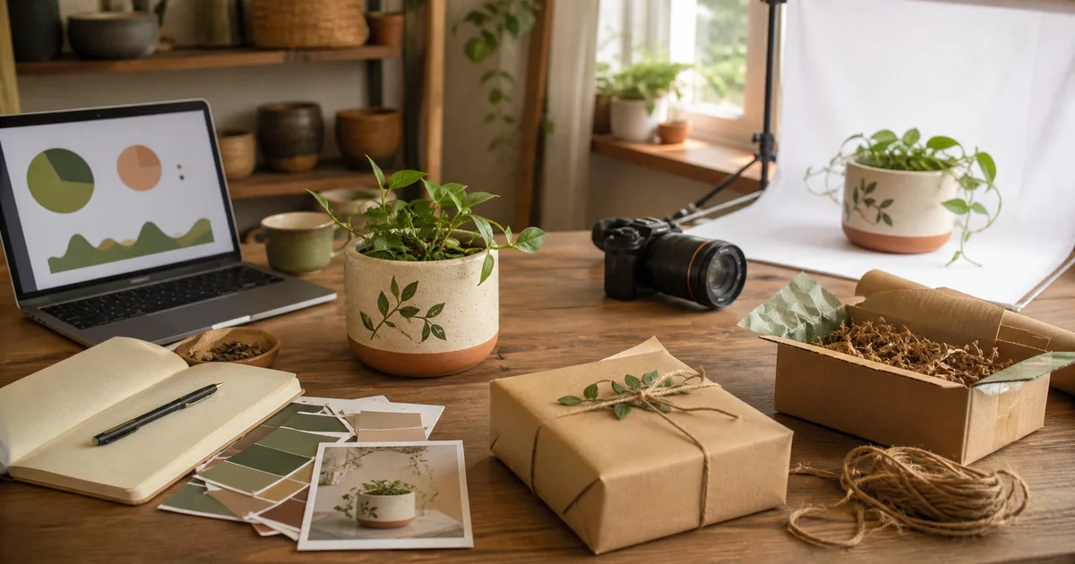 Handmade ceramic planter moving through photography, listing analysis, and packing in a small seller studio