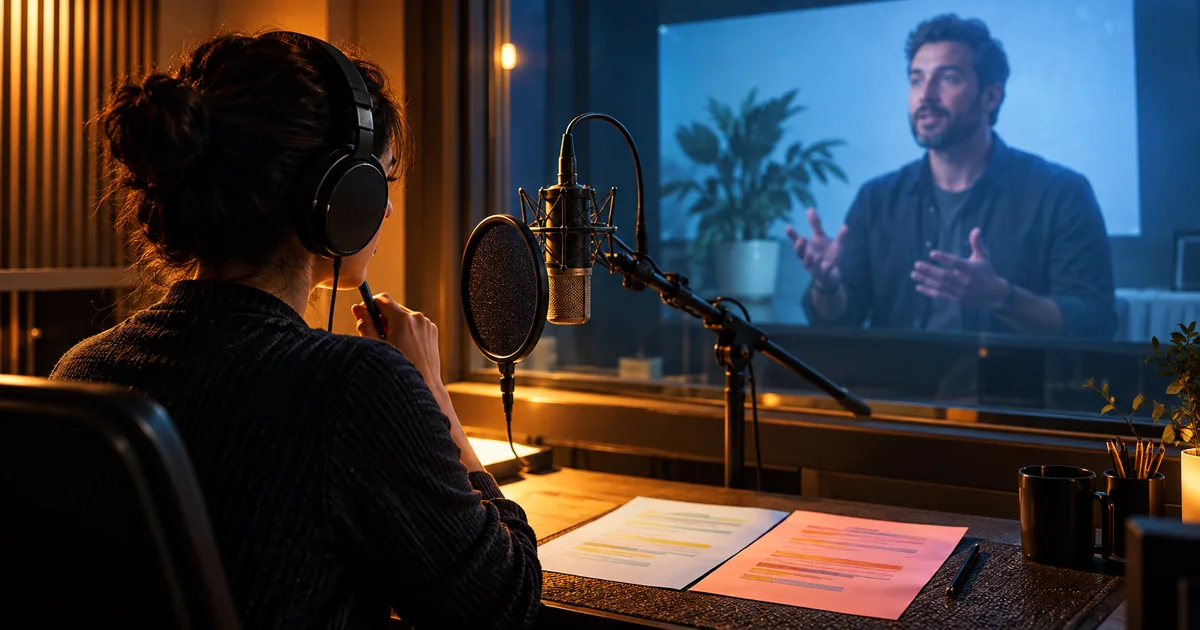 A recording microphone and two colored cue sheets in front of a projected fictional presenter