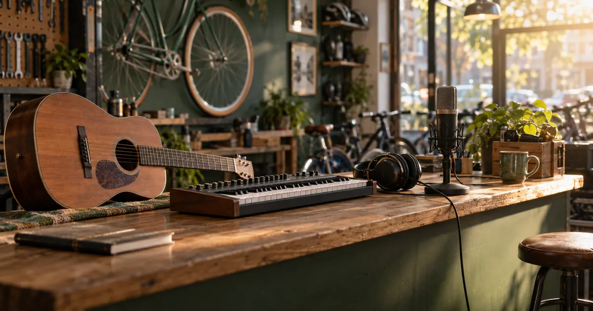 AI-generated editorial scene of an acoustic guitar, compact keyboard and microphone at a bicycle shop counter