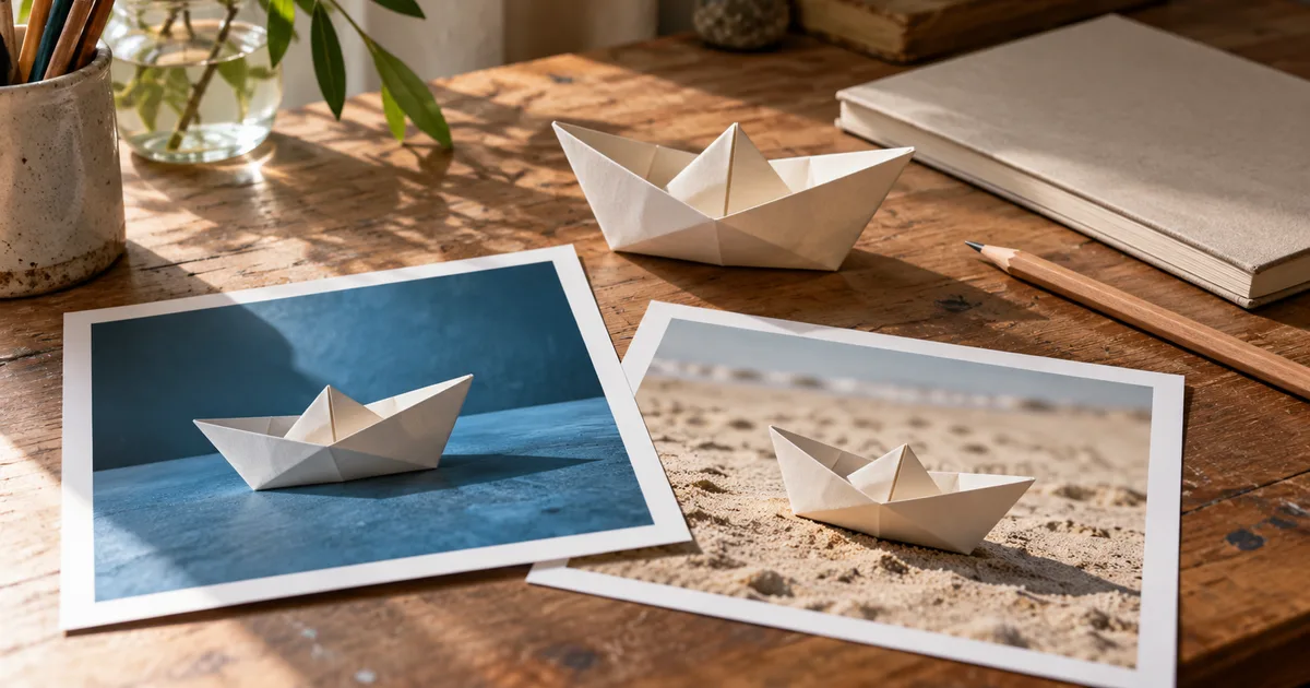 A paper sailboat beside prints exploring blue tabletop and sand settings