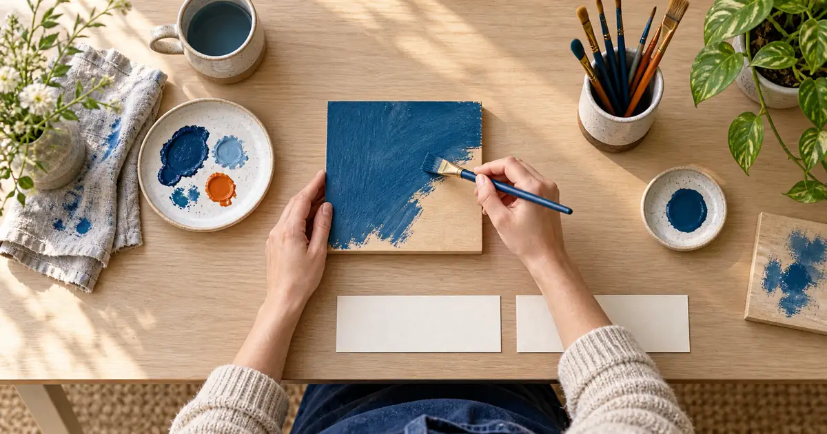 An overhead painting demonstration with blue and orange brushes and two blank caption cards below the work area