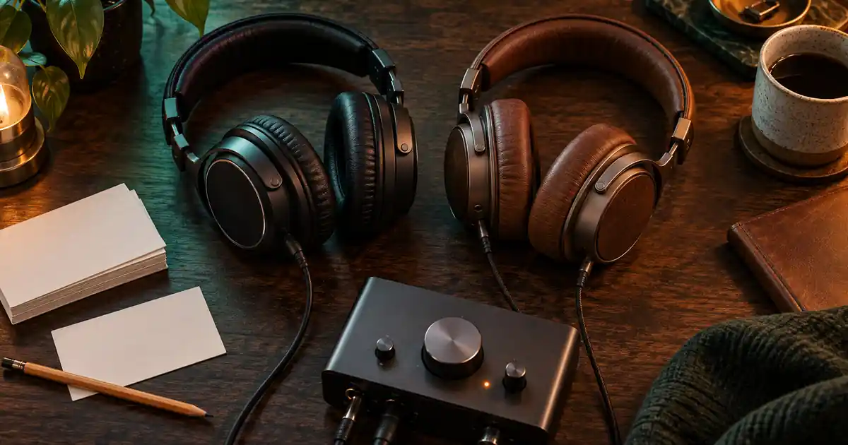 Two different pairs of headphones beside an audio interface and blank revision cards on an editor’s desk
