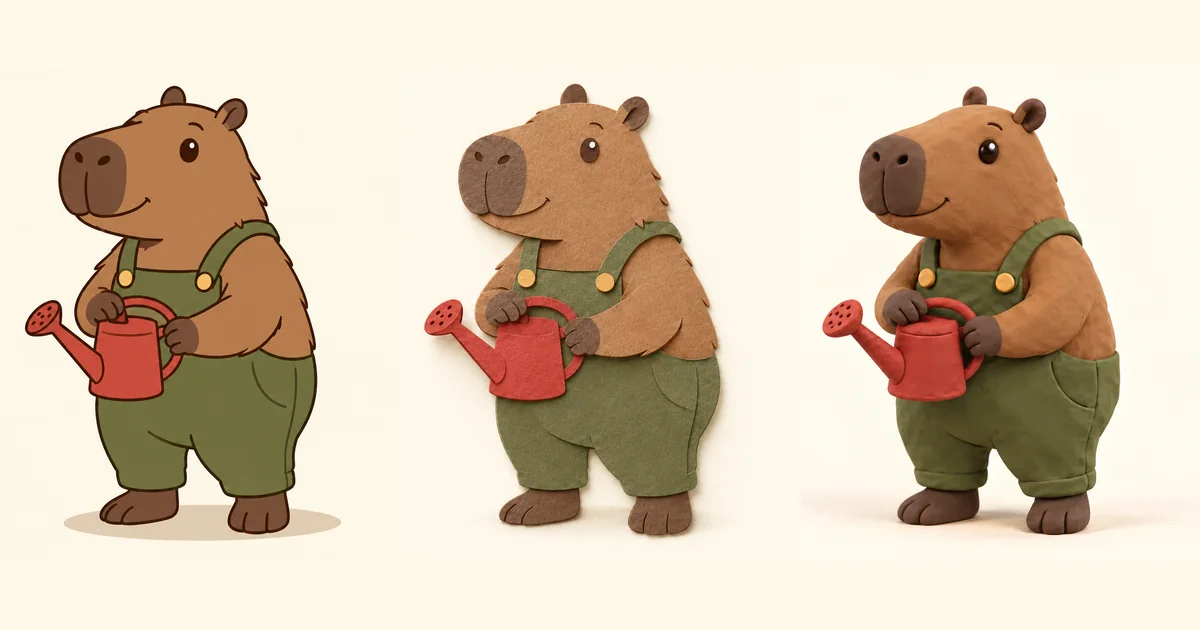 One capybara gardener shown as an outlined cartoon, layered paper and a clay puppet