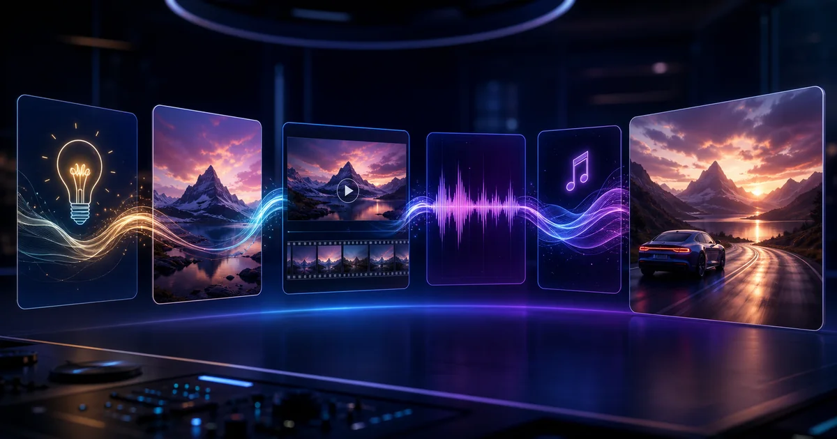 Connected AI image video voice and music production workflow