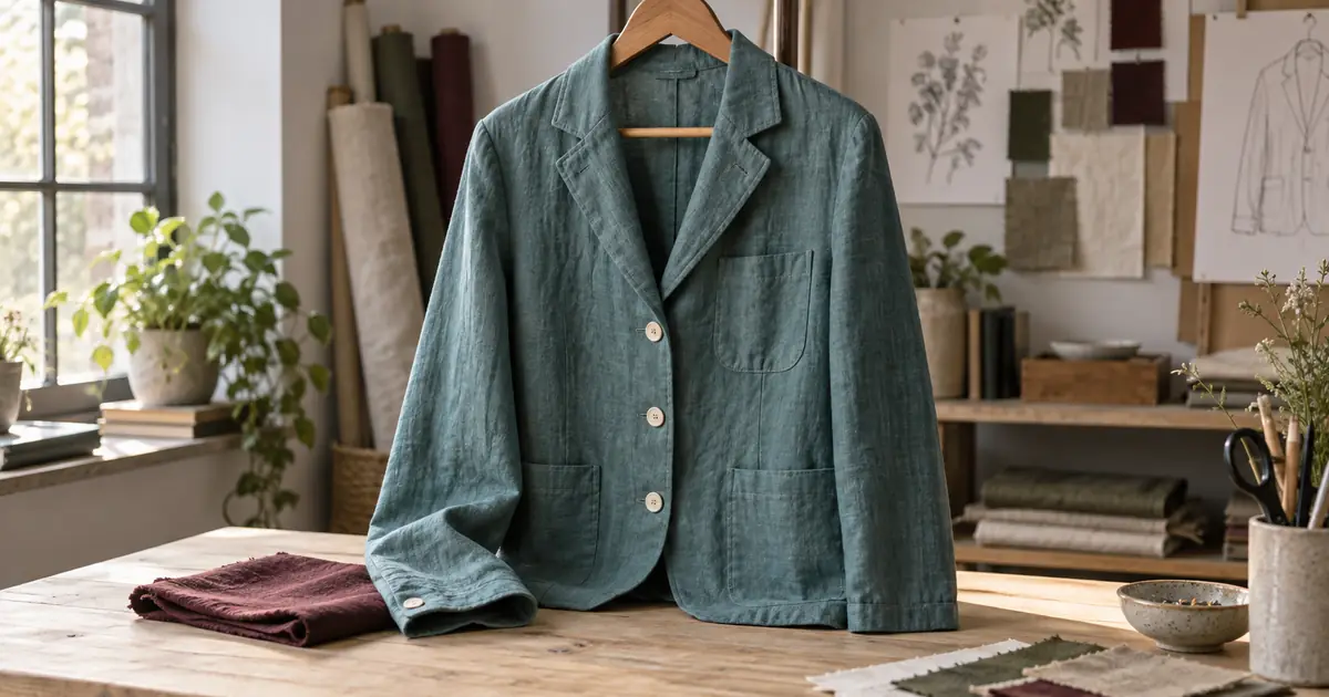A teal linen jacket with visible seams beside a burgundy fabric swatch in a naturally lit garment studio