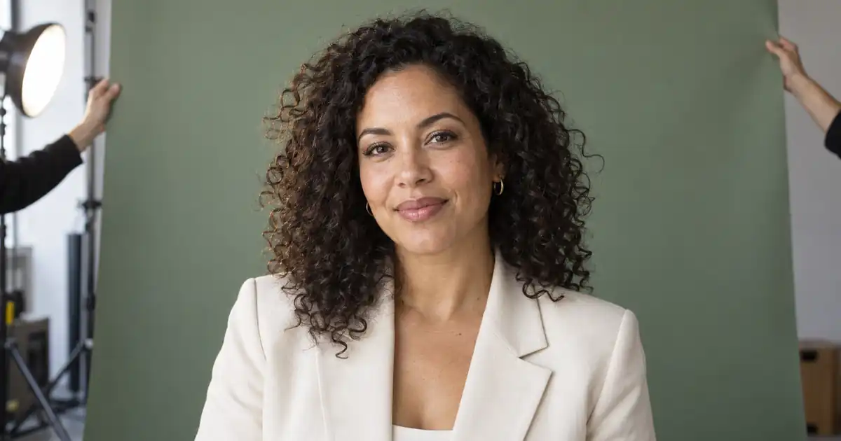 A woman with natural curly hair poses while a sage green studio backdrop is held behind her