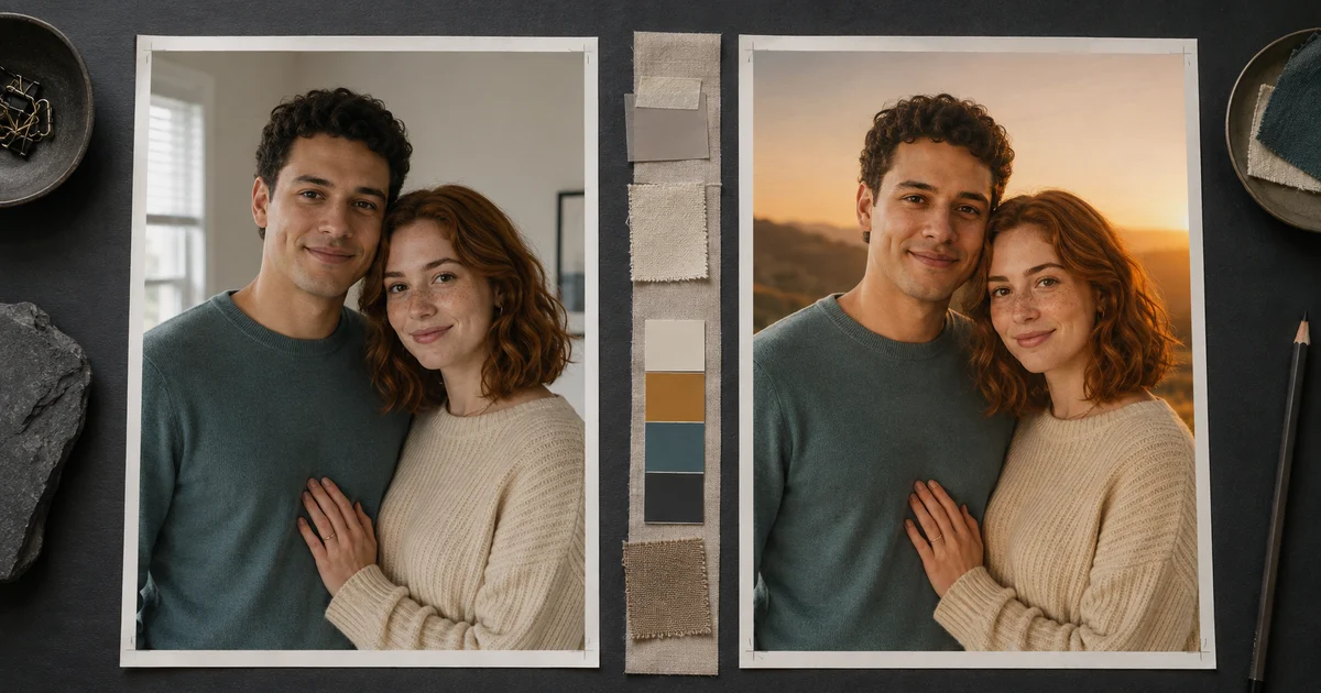 A fictional adult couple shown in matching original and edited portraits with both identities preserved