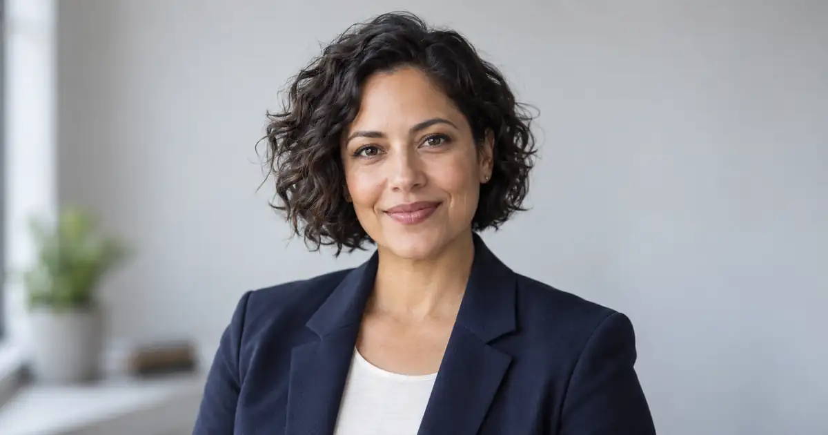 AI-generated editorial portrait of a fictional professional in a navy blazer with natural window light