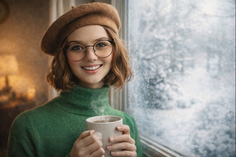 Cozy snow day window scene