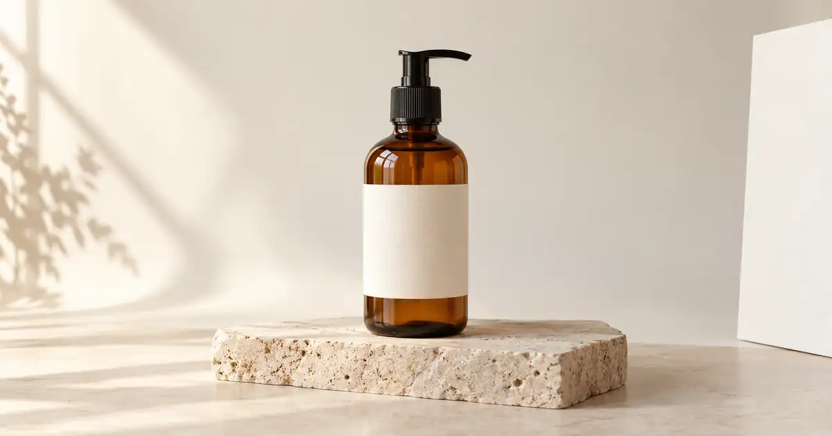 AI-generated editorial image of an amber pump bottle on stone with a paper backdrop and bounce card