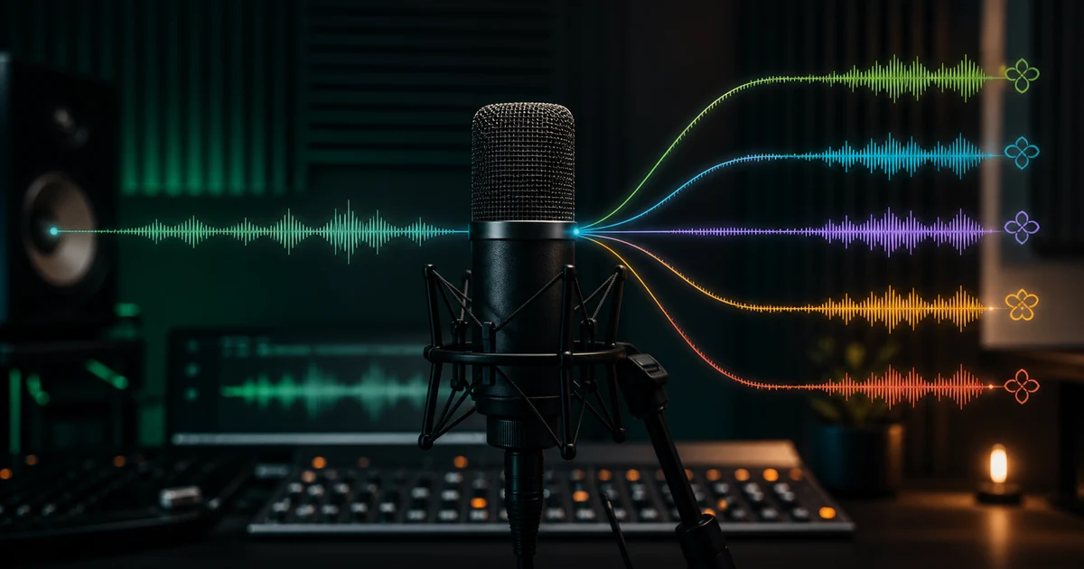 Studio microphone splitting one voice waveform into several multilingual audio tracks