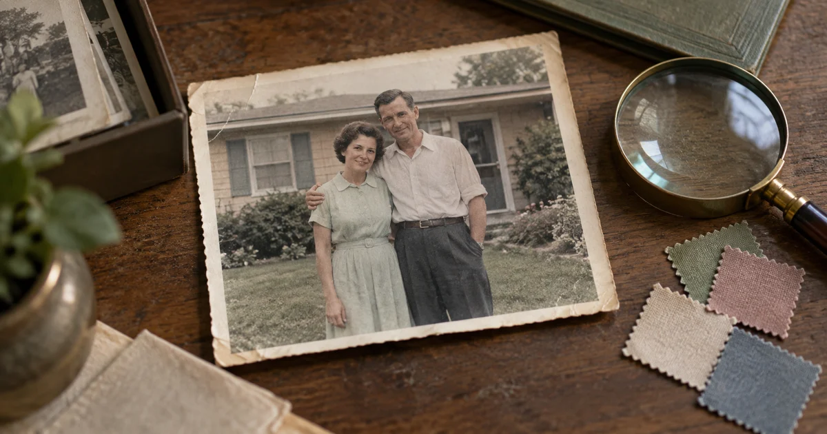 A fictional old family photograph beside muted fabric swatches and a magnifying glass on a wooden desk