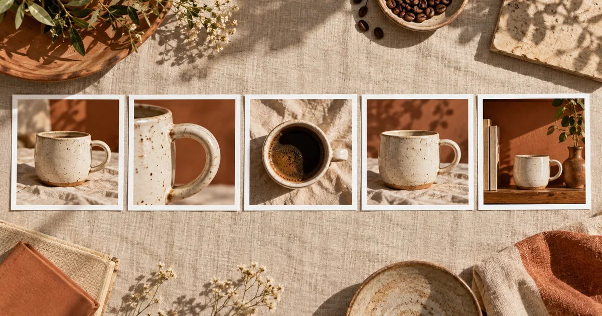 Five photographic prints showing a cream ceramic cup in a coordinated linen and terracotta setting