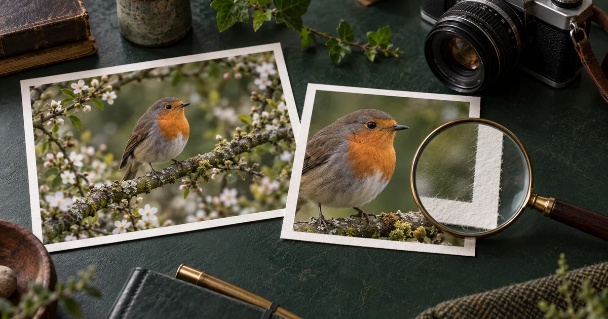 A camera, cropped and uncropped robin photographs, and a magnifying glass illustrate tracing image provenance