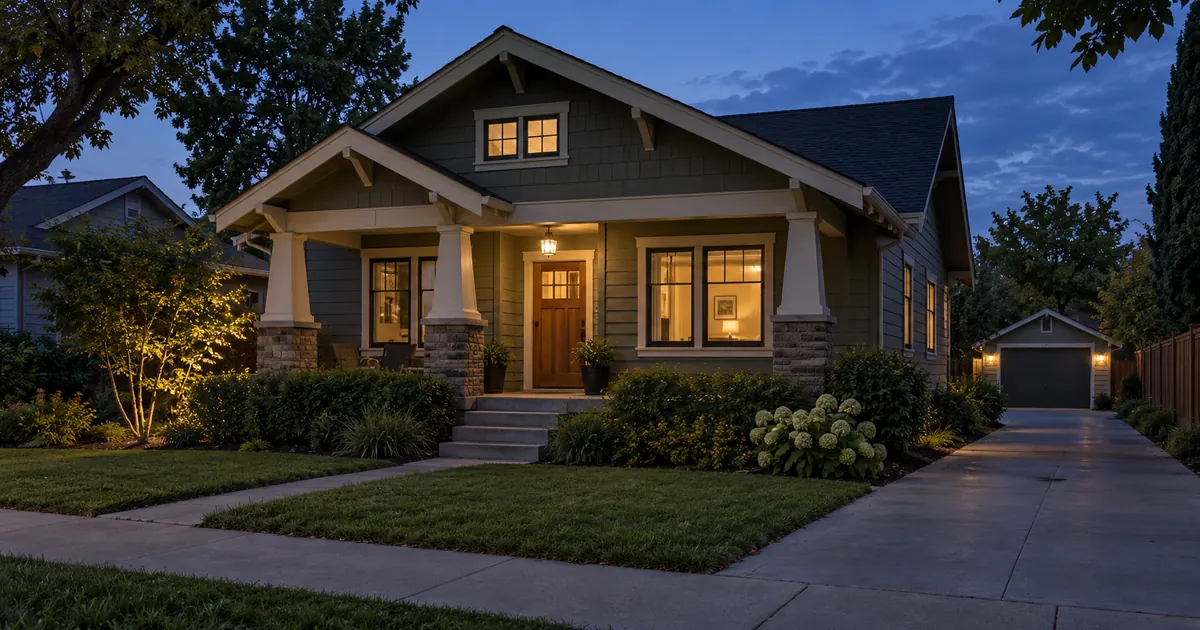 AI-generated illustration of a fictional craftsman house at blue hour with restrained warm porch and window light