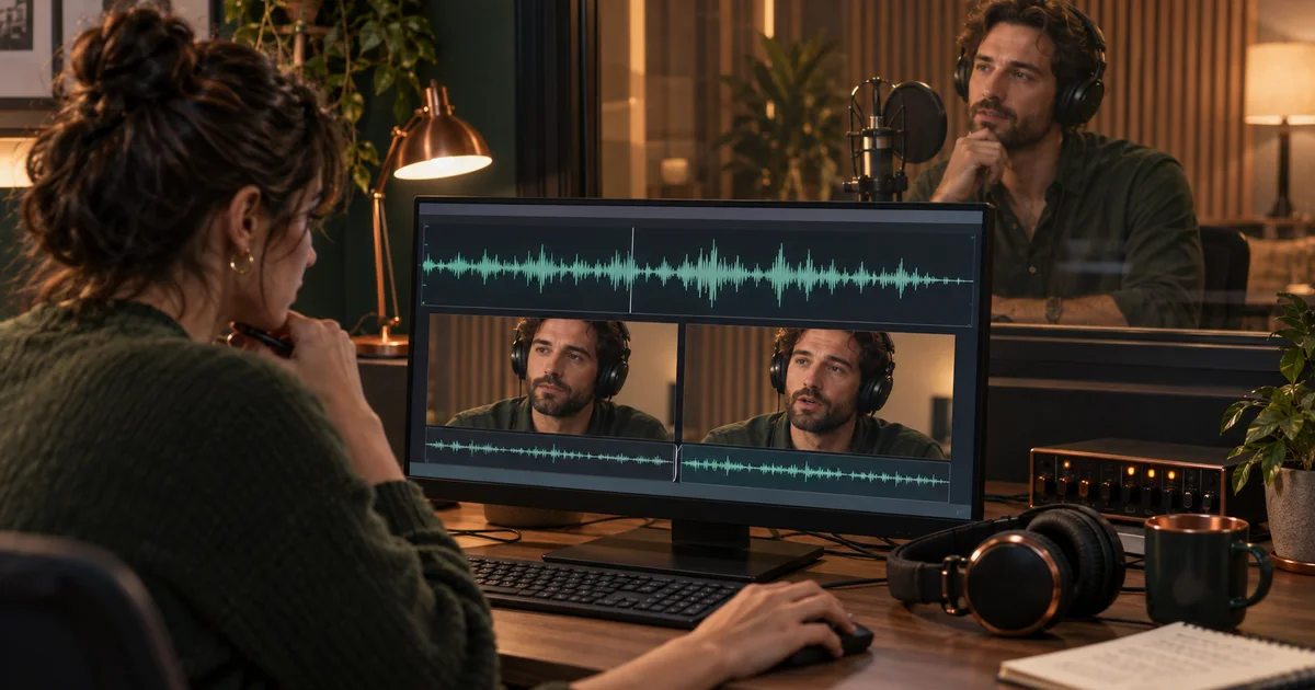 An editor listens to an interview with a waveform and neighboring speaker frames visible on a monitor