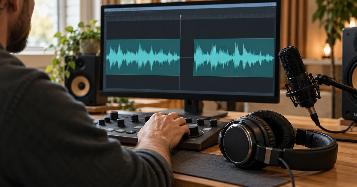 A recording desk with headphones, microphone, and two audio waveform clips on a monitor