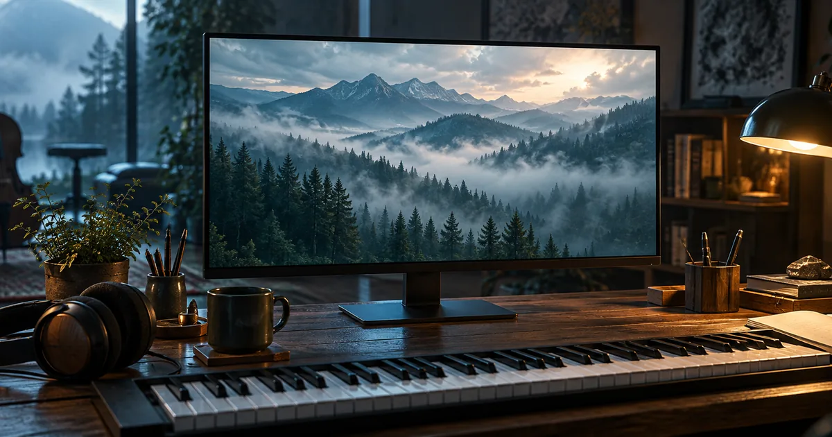 Headphones and a small keyboard beside a film editing monitor showing a quiet landscape without visible interface text