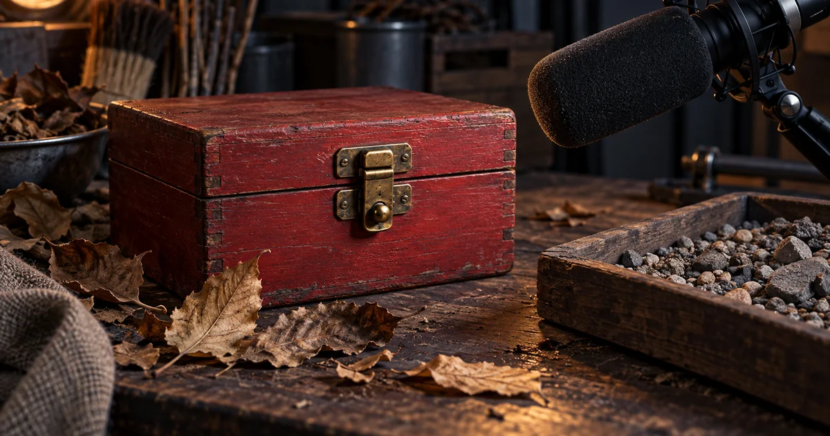 Brass latch on a red wooden box with gravel, dry leaves, and a directional studio microphone