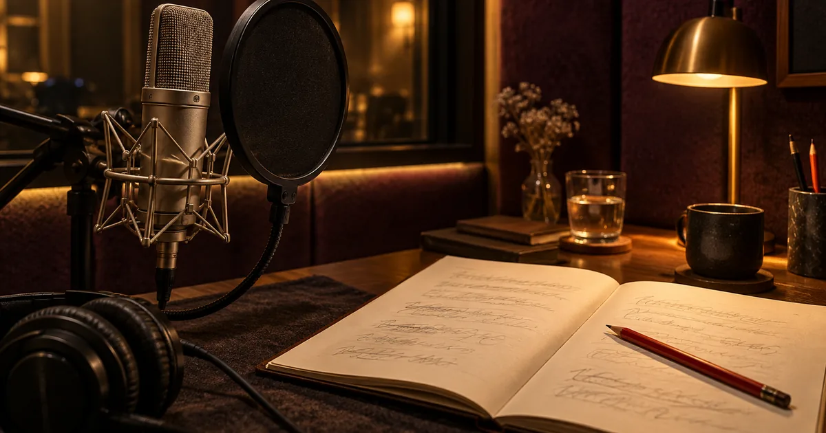 Studio microphone beside a marked but unreadable script, a pencil, and a warm booth light
