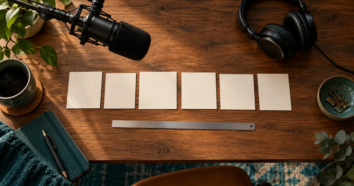 A studio desk with a microphone, headphones, and an orderly row of small blank paper cue cards
