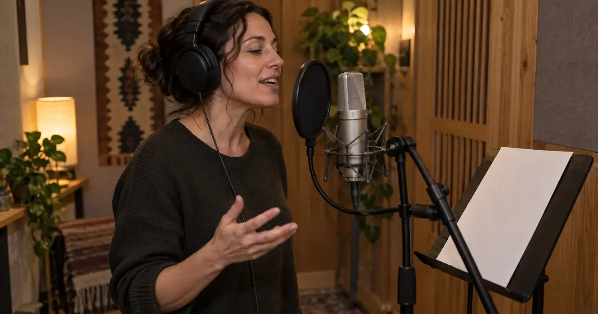 An adult narrator recording at a microphone while holding a blank script page in a softly lit recording booth