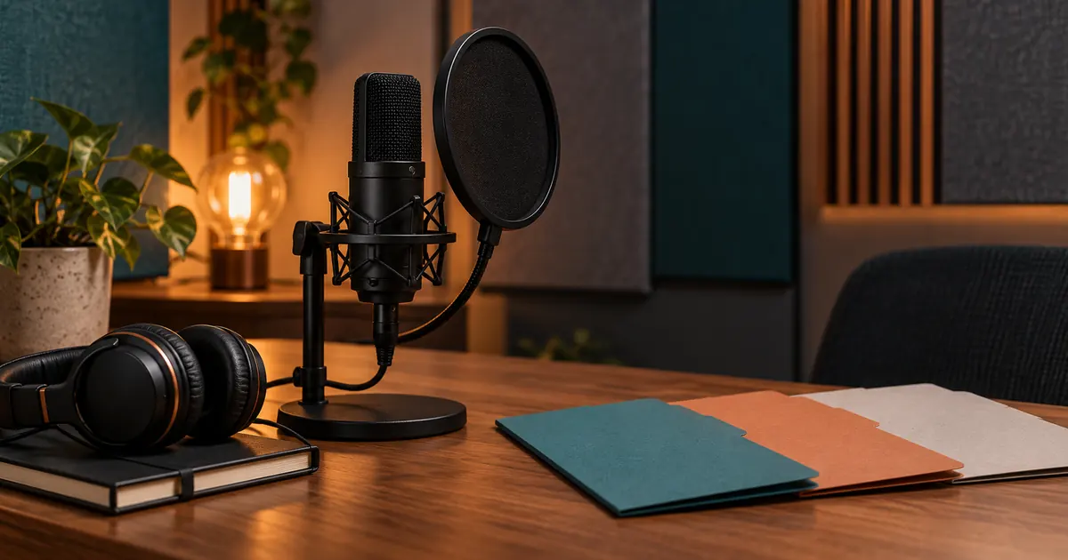 Microphone, headphones and three plain folders on a desk, illustrating voice production planning