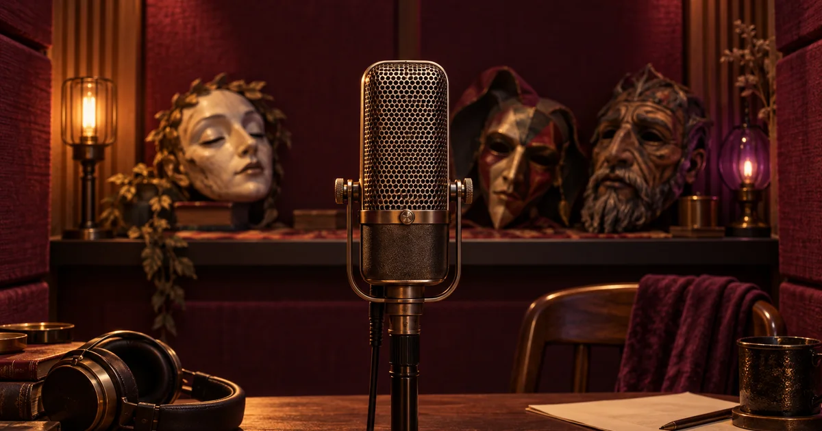Ribbon microphone in a warmly lit recording booth with three fictional theatrical masks on a shelf