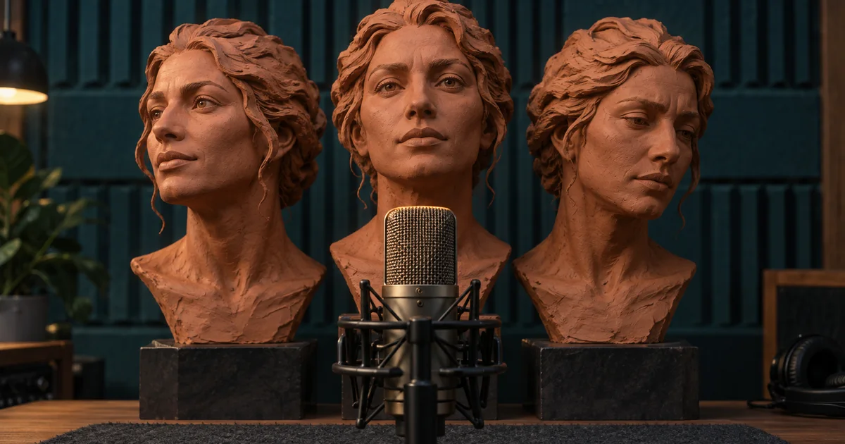 Three clay profiles of the same fictional person sit behind a studio microphone, suggesting voice variants