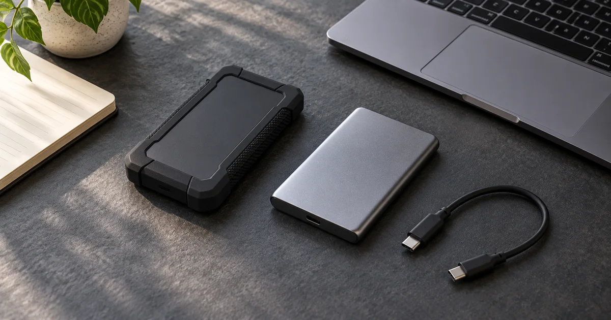 Two compact portable SSDs beside a laptop and a short USB-C data cable