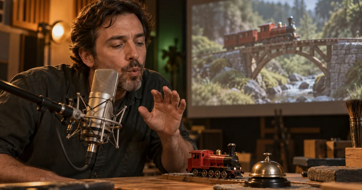 A sound designer performs into a microphone while a toy train crossing a bridge appears on a screen