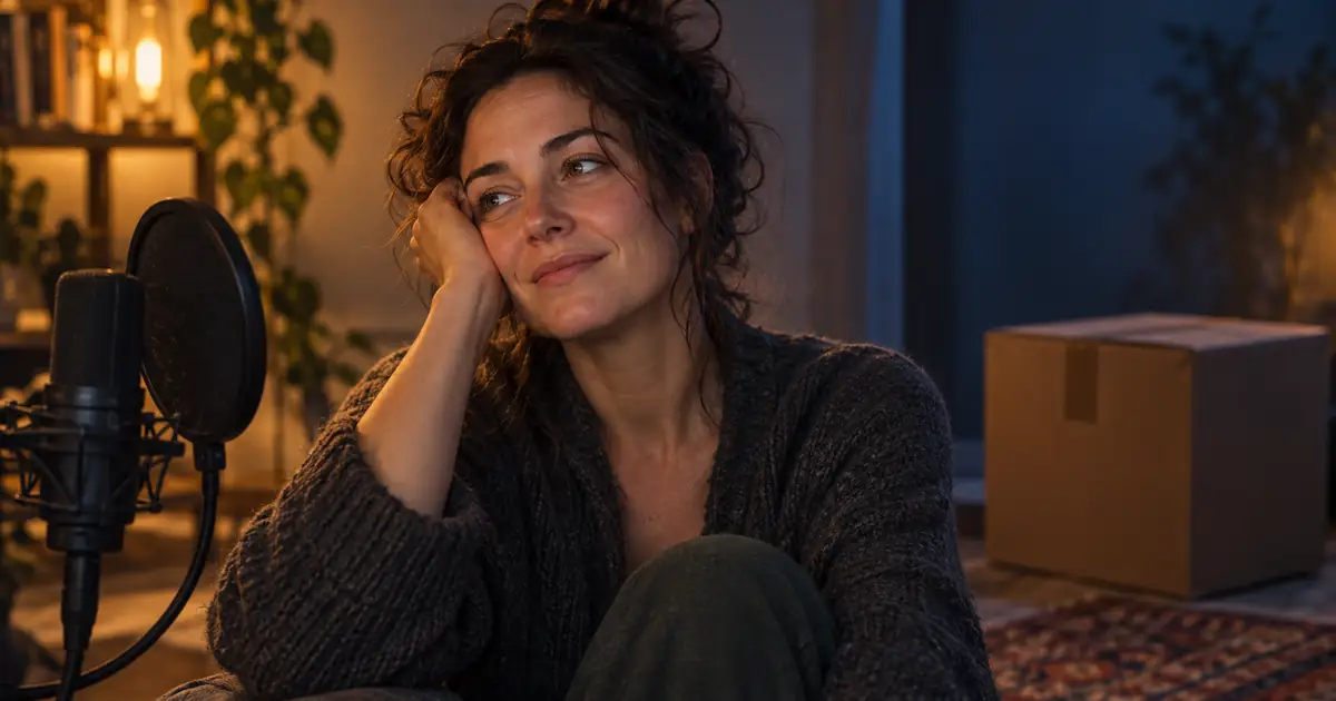 A fictional narrator smiles with tired relief beside a microphone as the last cardboard box sits nearby