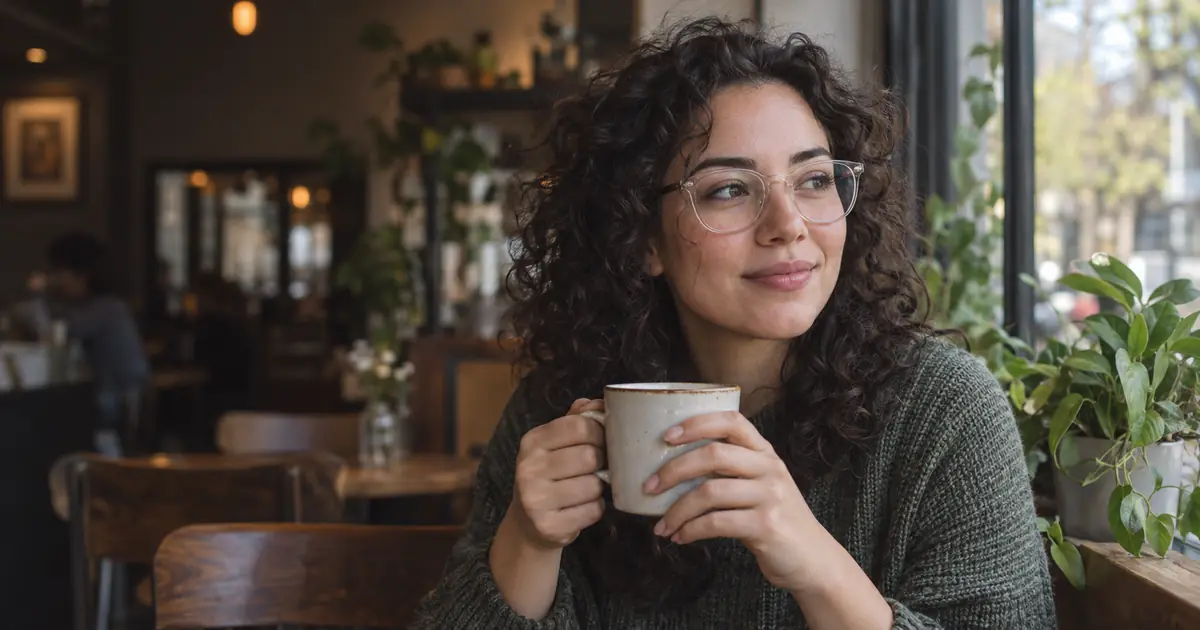 A woman with curly hair and clear eyeglasses holding a mug beside a cafe window with a softly blurred background