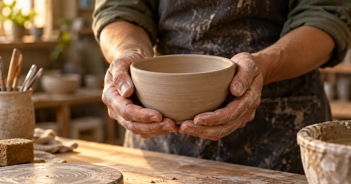 Potter holding a clay bowl with both hands, showing natural finger contact and wrist alignment