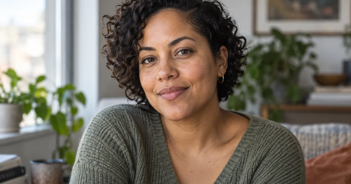 A woman with curly hair in soft window light showing natural skin texture and tonal variation