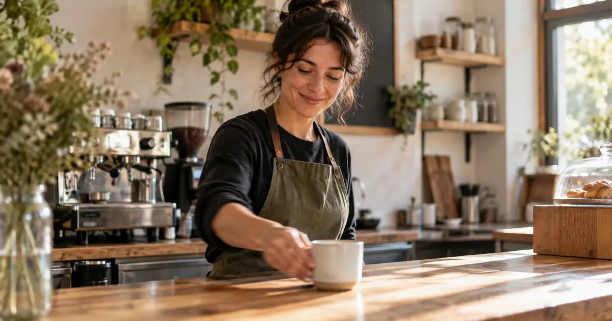 A barista placing a white cup on a cafe counter with a small natural blur around her moving hand